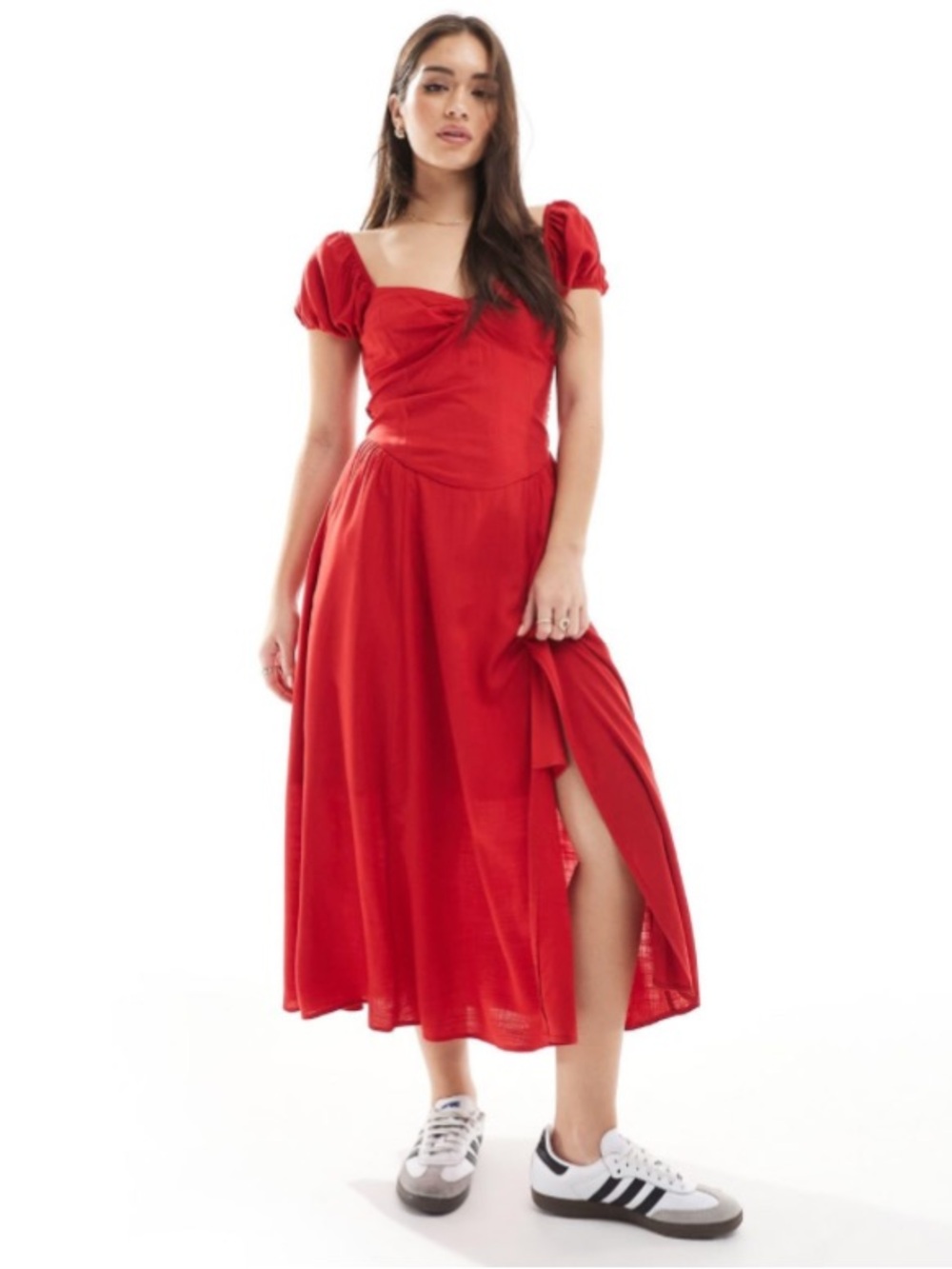 Hollister Red Puff-Sleeve Square-Neck Midi Dress
